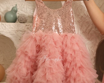 Rose Gold Sequin Flower Girl Dress: Layered Tulle Baby Toddler Wedding