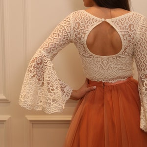 Lace bridal top, Lace separates, lace top with tulle skirt, Bell sleeves top , Lace crop top, available in Plus Sizes  HEATHER