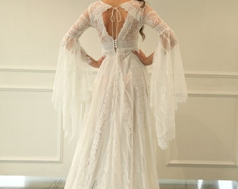 Chic Ivory Lace Wedding Dress: Boho Bell Sleeves Bridal Gown , One piece dress, ABIGAIL