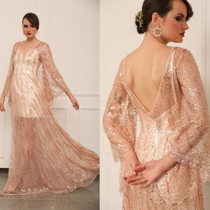 etsy rose gold dress Sequin Rose Gold Bridesmaid Dress: Chiffon A-line Wedding Guest Gown