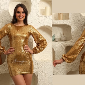 Gold Sequin dress, Evening dress, Sequin midi , Sequin party dress, sequin dress, Long sleeves dress, Bridesmaid sequin dress SUZANNE