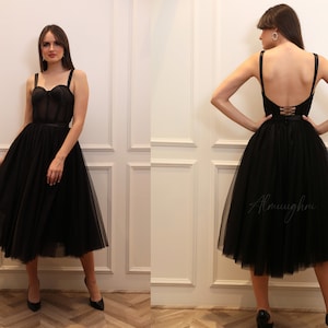 Minimalist Evening Dress, Wedding Dress, Midi Evening dress, short wedding dress, black wedding dress, Rehearsal dinner,tulle skirt, BRITNEY