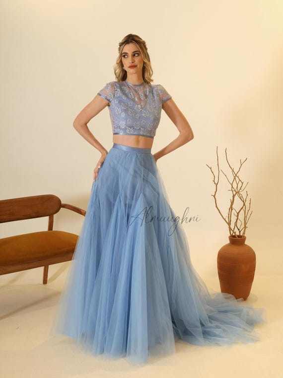 Tulle Wedding Separates, Bridal Two Pieces Dress, Blue Tulle Skirt