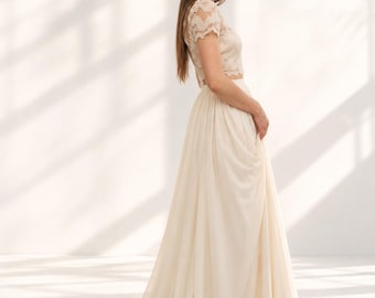 Chiffon A-Line Wedding Skirt: Pearl Beaded Top, Elopement Dress GRACE