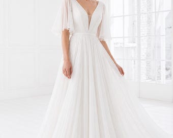 Chiffon Wedding Dress, V Neck Bridal Gown, Flutter Sleeve Wedding Dress, Romantic Minimalist Bride Dress
