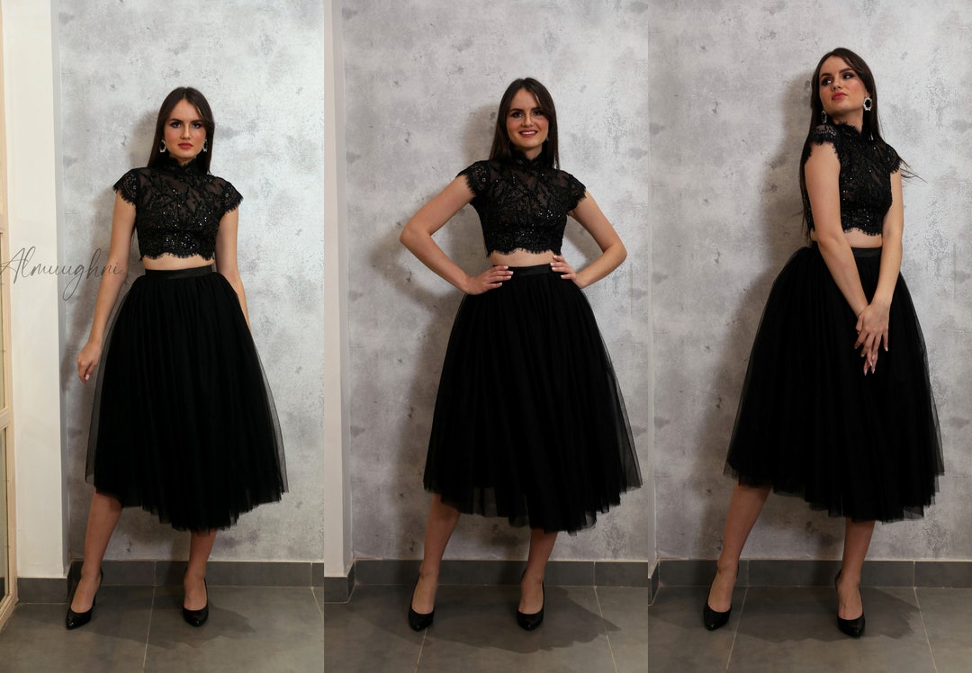 Black Tulle Midi Skirt: Women's Tea Length Evening Dress BRITNEY