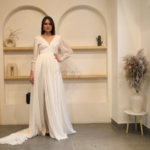 Chiffon wedding dress, Elegant Bridal Dress ,Simple modest long sleeves wedding dress, Romantic Dress, V Neck Wedding Dress, CHARLOTTE