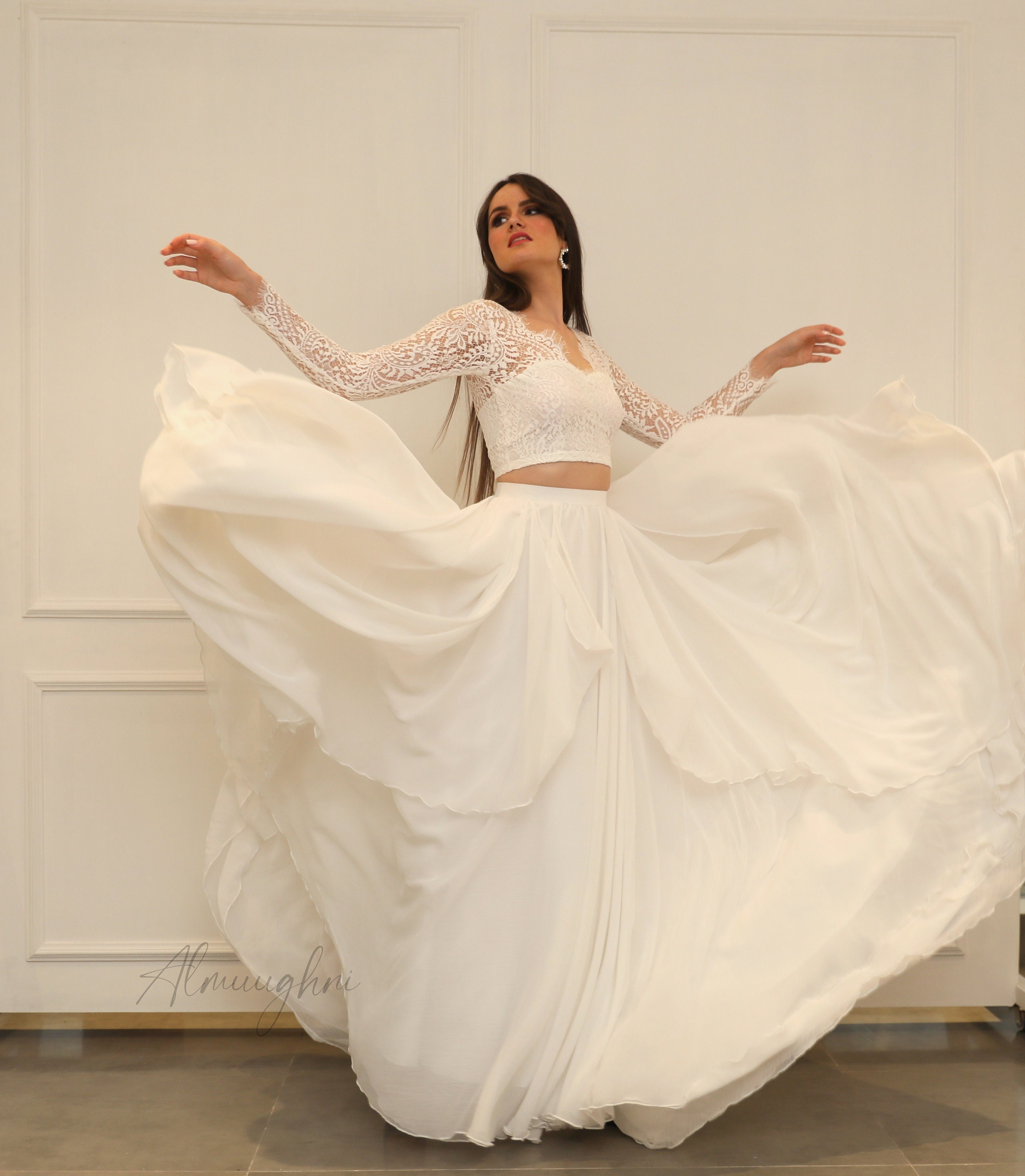 Ivory Chiffon Bridal Skirt: Bohemian Wedding Separates , lace bridal dress,  VERONICA