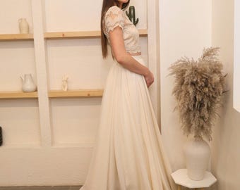 Simple Chiffon Bridal Gown, Wedding Dress With Train,  Pearl beaded top , Simple wedding dress,  Elopement skirt , A-line skirt GRACE