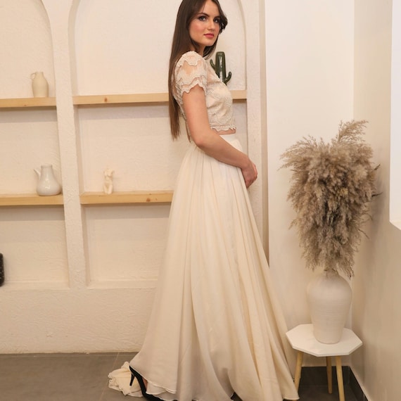 Chiffon A-Line Wedding Skirt: Pearl Beaded Top, Elopement Dress GRACE
