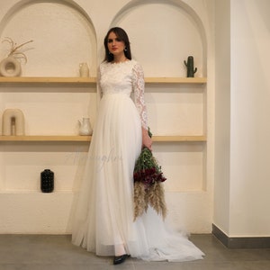 Lace and tulle wedding gown , Minimalist Wedding Dress, Tulle wedding dress, Romantic wedding dress ,Simple modest long sleeves dress, MARIE