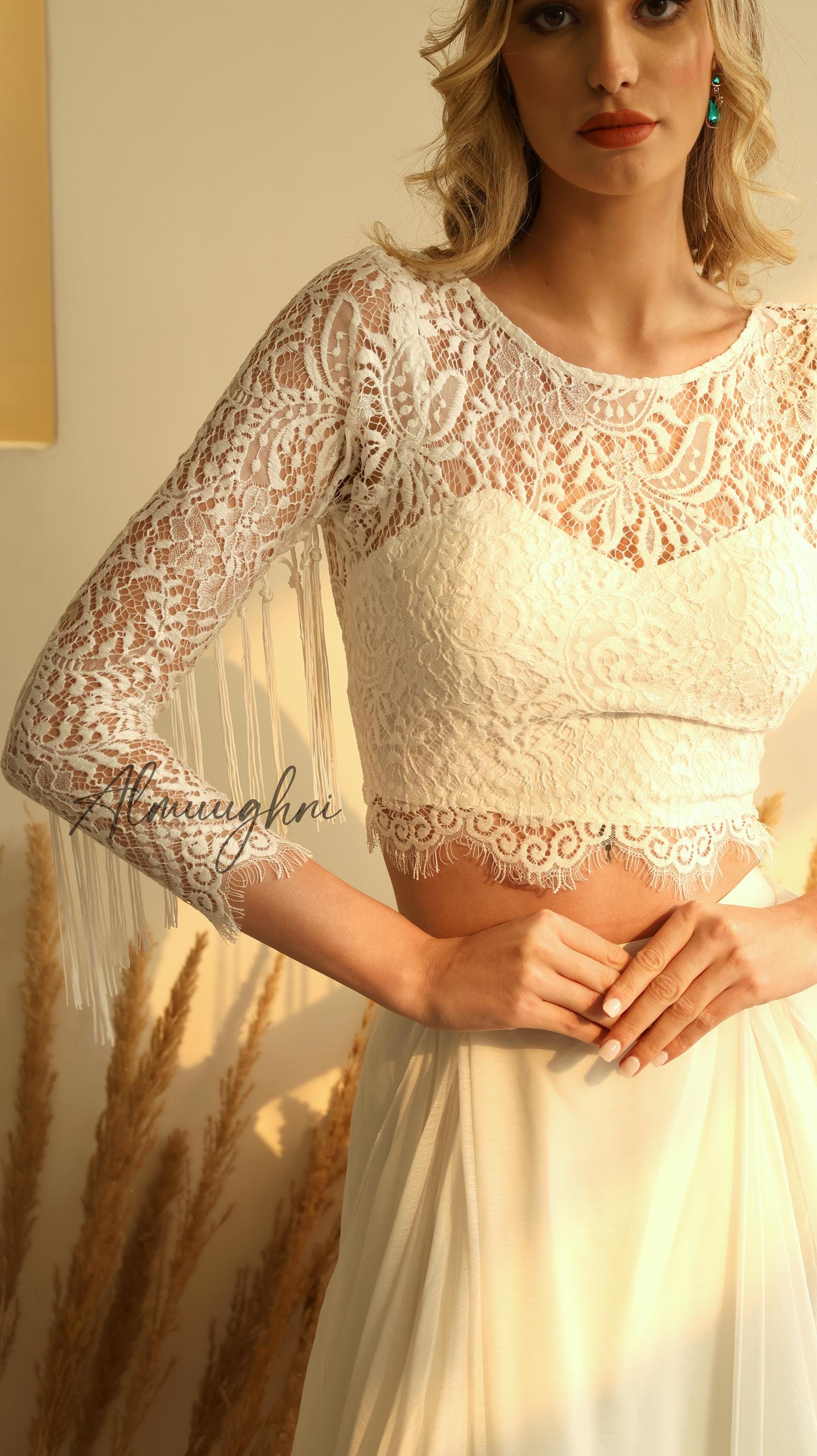 Ivory Lace Bridal Crop Top Long Sleeve Wedding Bolero , Bridal — free download