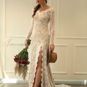 Backless Long Sleeve Wedding Dress,Bohemian Open Back Bridal Gown,Lace Dress, long sleeves lace gown ,mermaid gown, lace gown with slit ROSE