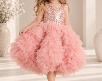 Rose Gold Sequin Flower Girl Dress: Layered Tulle Baby Toddler Wedding