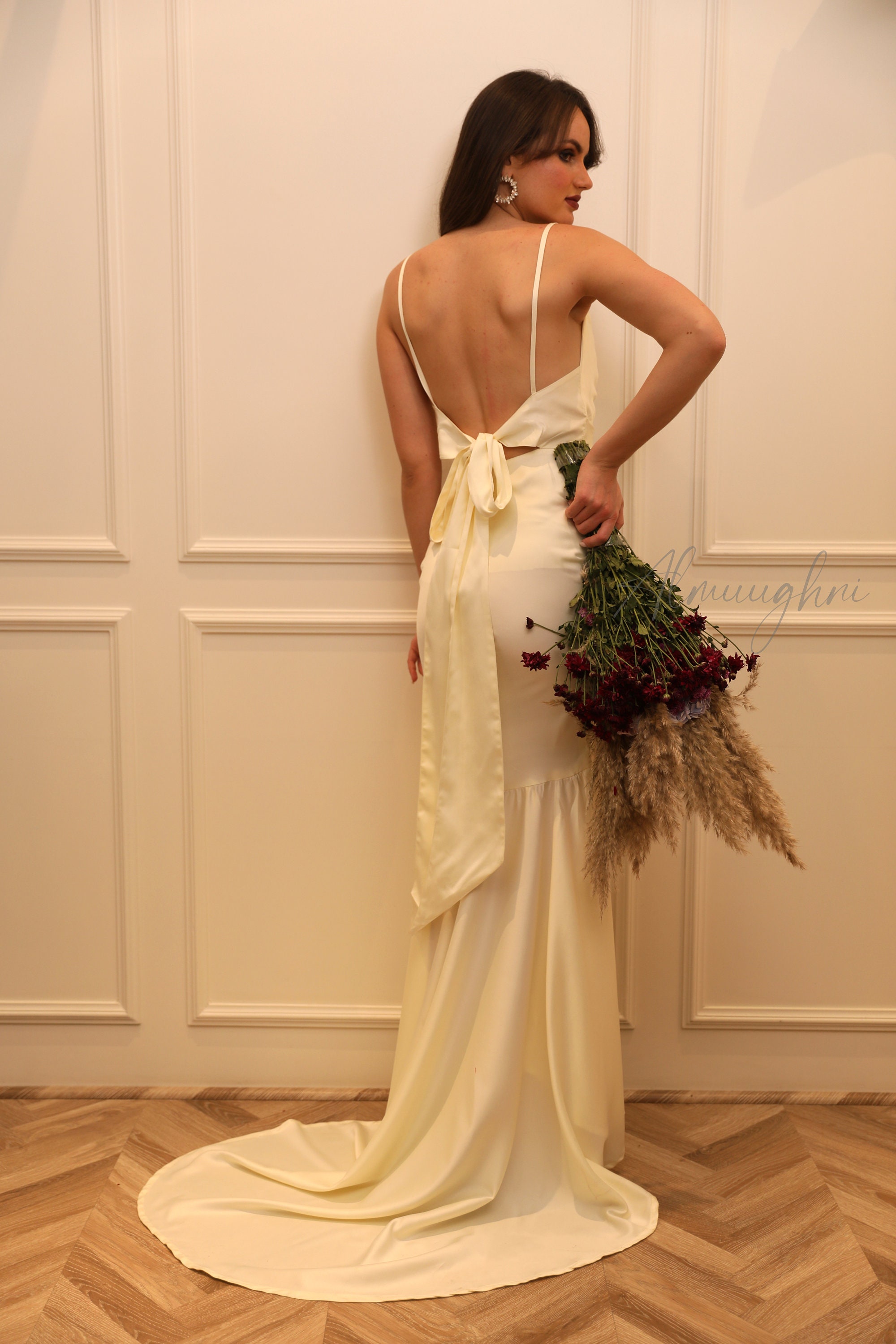 satin backless wedding dress Classic Long Ivory A-line Straps Satin Sleeveless Backless Wedding Dress With Slit