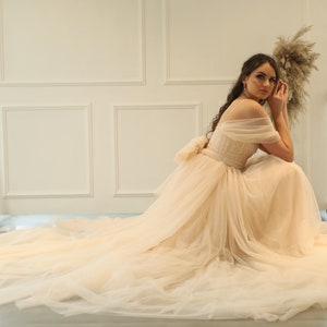 Blush Tulle Ballgown Wedding Dress: Detachable Bishop Sleeves ANGELICA