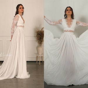 Wedding Dress Long sleeves, Boho Wedding dress, Romantic Wedding Dress, V Neck ,Lace and Chiffon Wedding Dress,  SAVANNAH