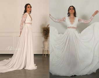 Long Sleeve Lace & Chiffon Wedding Dress: Romantic Open Back Gown SAVANNAH