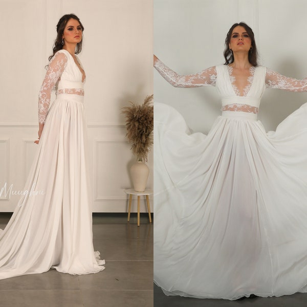 Vestido de novia de manga larga con encaje y gasa: romántico vestido con espalda descubierta SAVANNAH