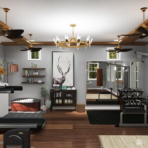 Könnte beinhalten: Ein Heim-Fitnessstudio mit Laufband, Crosstrainer, Gewichtsmaschine und freien Gewichten. Der Raum hat eine graue Wand, einen Holzboden und große Fenster. Es gibt Deckenventilatoren und einen Kronleuchter.