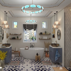 May include: A bathroom with a white bathtub, two sinks, and a shower. The bathroom has a white and blue tiled floor, a window with a view of a city, and a chandelier with blue glass globes.