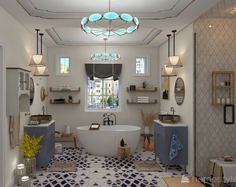 May include: A bathroom with a white bathtub, two sinks, and a shower. The bathroom has a white and blue tiled floor, a window with a view of a city, and a chandelier with blue glass globes.