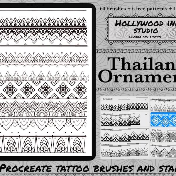 Procreate Brushes ,Ornaments ,Thai ,60 Tattoo brushes,+ 6 free patterns +1 free dot brush ,iPad ,Procreate stamps ,Procreate ,stencil tattoo