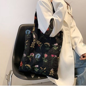 Flower Embroidered Shoulder Bag, School Bag, Laptop Bag, Beach Bag ...