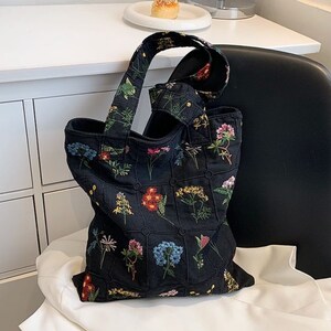 Flower Embroidered Shoulder Bag, School Bag, Laptop Bag, Beach Bag ...