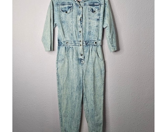 Vintage 80s Dreams Acid Wash Denim Jumpsuit Button Front Blue Boiler Suit Size 8