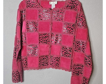 Vintage Fuschia Pink Womens Small Leather Short Jacket Patchwork Leopard Lace