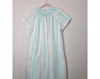 Vintage Whispers Smocked Button Front Nightgown House Dress Robe White Pastel