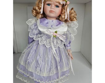 Vintage Porcelain Doll Blonde Hair Blue Eyes Curls w Stand 14" Unmarked 1980s
