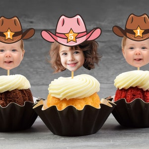 Topper per cupcake con foto di cowboy, Topper per cupcake con faccia, Topper per cupcake con faccia da bambino, Decorazione per ragazzo cowboy, Decorazione per festa ragazza cowboy, Decorazione per feste
