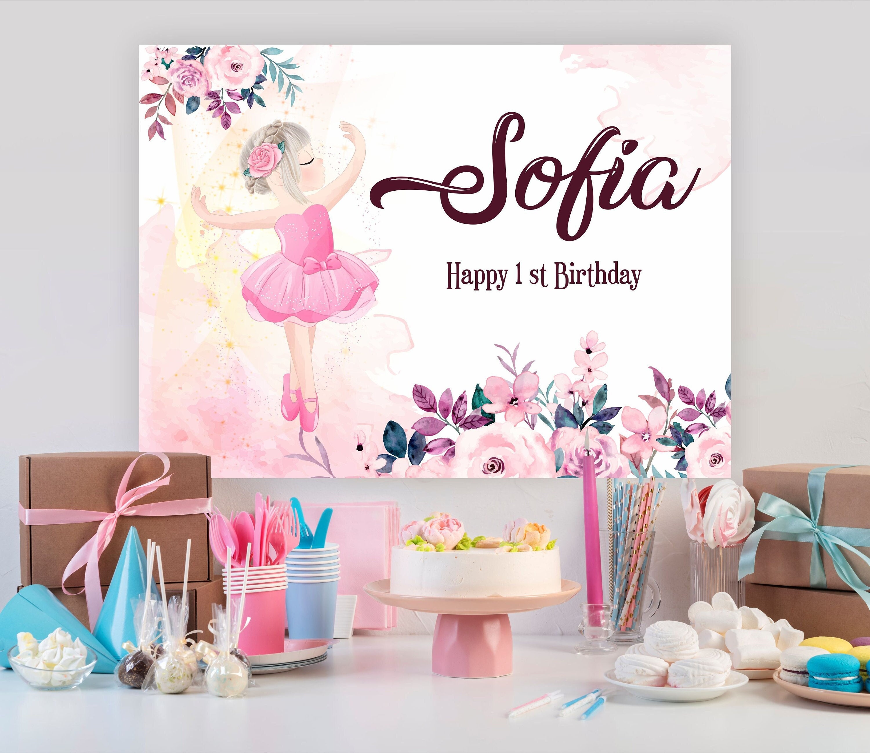 Pink Ballerina Lovely Round Happy Birthday Backdrop