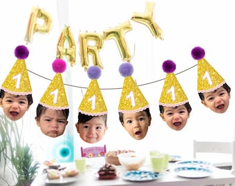 Baby Photo Face Banner, 1st Birthday Head Garland, 1st Birthday Banner, First Birthday Face Garland, Gold birthday Banner