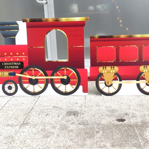 Découpe photomaton train express personnalisée, Découpe train de Noël, Accessoire de train, Décorations de jardin de Noël, Carton train de Noël,