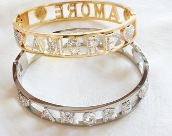 AMORE ~ Bracciale manetta in ACCIAIO INOSSIDABILE con cubic zirconia