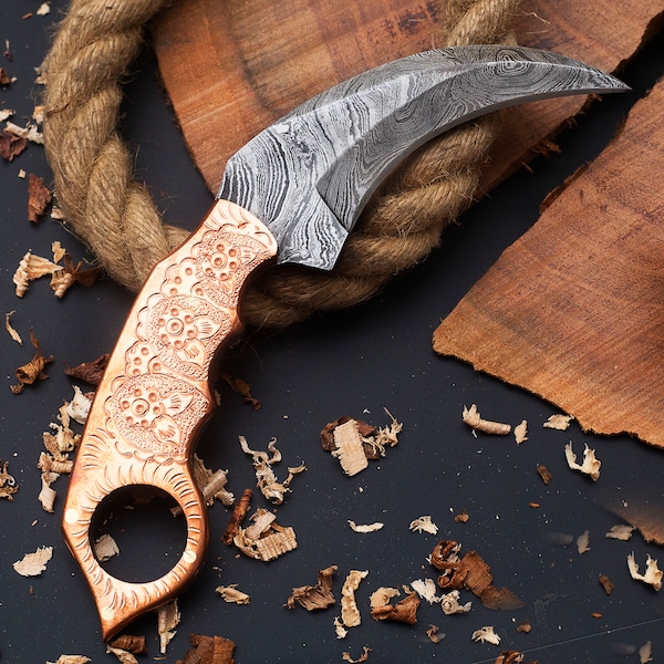 Custom Handmade Damascus Steel Karambit Knife With Engraved Copper Handle