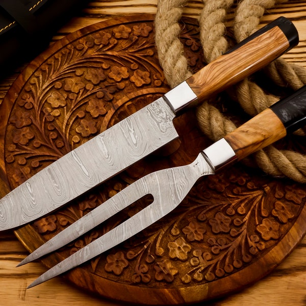 Handmade Damascus Steel Carving Knife Fork Set , Barbecue Roast Fork and Knife , BBQ Knife And Fork Set 2PC