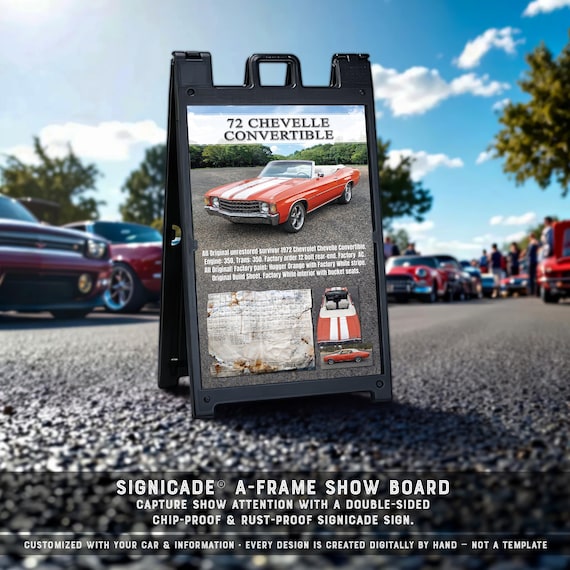 Custom Car Show Signicade® A-Frame: Personalized Vehicle Spec Board • Double-Sided Outdoor Display