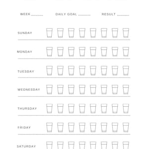 Op de afbeelding: Een zwart-wit dagelijkse waterinname tracker. De tekst "DAILY WATER INTAKE" staat bovenaan. Er zijn secties voor "WEEK", "DAILY GOAL" en "RESULT". Elke dag van de week heeft een rij glazen om waterconsumptie bij te houden.
