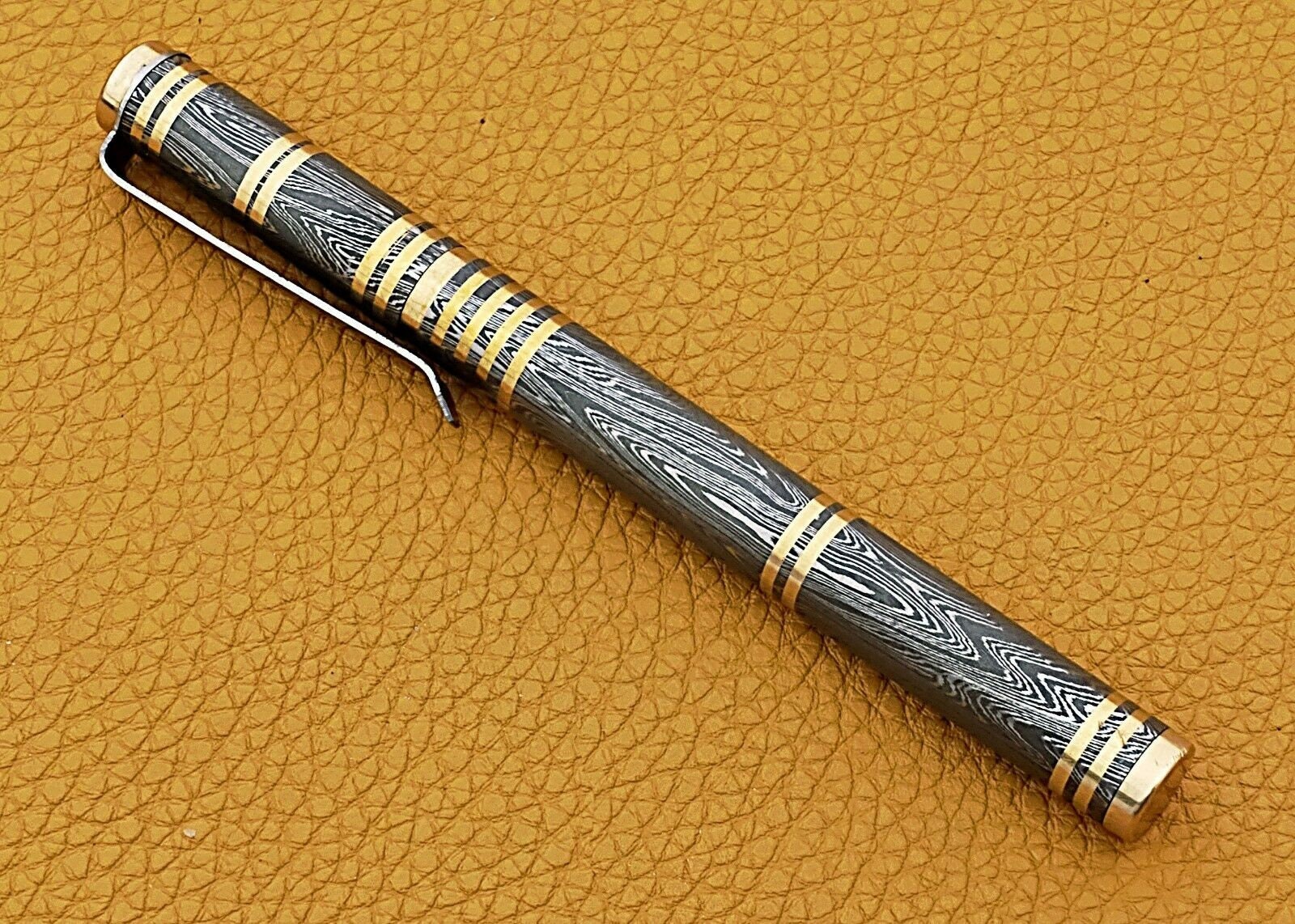 Custom Hand Made Damascus Steel writing  Pen Blue Ink Hand Forged Damascus Pen 