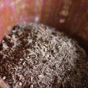 May include: A close-up of a terracotta pot filled with dark brown potting soil. The soil is loose and crumbly, with visible pieces of bark and wood.