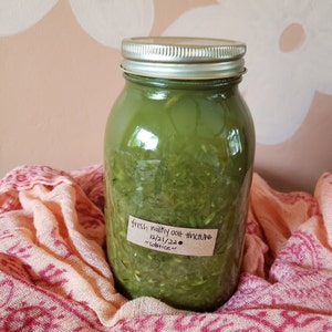 May include: A glass jar filled with a green liquid, labeled "fresh milky oat tincture 12/21/22 solstice". The jar is sitting on a pink and white patterned fabric.