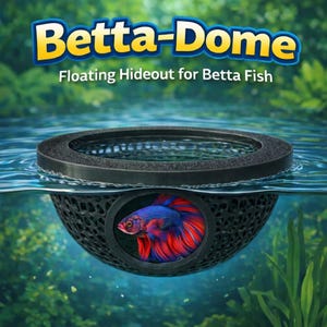 May include: A black Betta-Dome floating hideout for Betta fish. The dome is partially submerged in water, with a colourful blue and red Betta fish inside. The text "Betta-Dome" and "Floating Hideout for Betta Fish" are displayed above the dome.