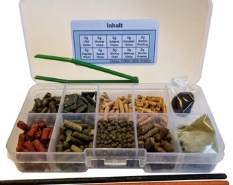 Set di campioni di cibo / Bastoncini di lecca-lecca di gamberi, patatine, budino in polvere