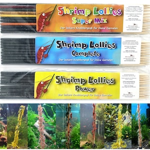 Può includere: Tre confezioni di lollies per gamberi, un tipo di cibo per gamberi, con le etichette "Shrimp Lollies Super Mix", "Shrimp Lollies Complete" e "Shrimp Lollies Power". Le confezioni sono su uno sfondo bianco. I lollies sono lunghi, sottili e neri. Le etichette sono colorate e hanno un gambero.