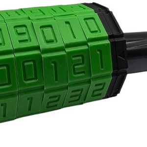 May include: A green and black combination lock with a long black handle. The lock has a series of rotating numbers from 0 to 9.