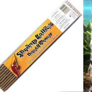 May include: A package of Shrimp Lollies Insect Power, a food for shrimp. The package is yellow and orange with the text "Shrimp Lollies Insect Power" and "Der leckere Knabberspaß für deine Garnelen". The package contains multiple brown sticks. The image also shows a close-up of a stick with white shrimp food attached to it.
